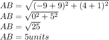 AB = \sqrt{(-9+9)^2+(4+1)^2} \\AB =\sqrt{0^2+5^2}\\AB =\sqrt{25}\\AB = 5 units\\