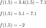 f(1.5) = 3.4(1.5) - 7.1\\\\f(1.5) =5.1-7.1\\\\f(1.5) = -2