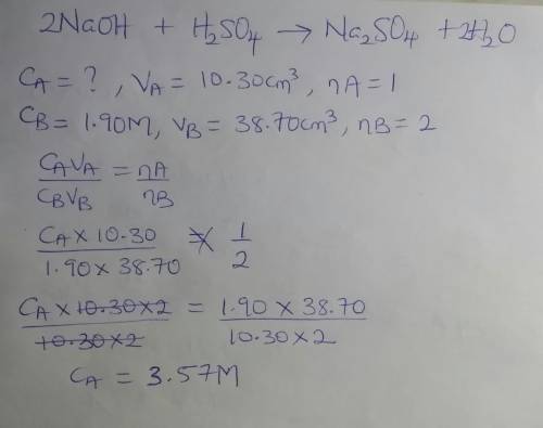If it takes 38.70cm³ of 1.90 m naoh to neutralize 10.30cm³ of h2so4 in a battery, what's the molarit