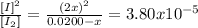 \frac{[I]^{2} }{[I_{2} ]} = \frac{(2x)^{2} }{0.0200 - x} = 3.80x10^{-5}