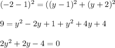 (-2-1)^2=((y-1)^2+(y+2)^2\\\\9=y^{2}-2y+1+y^{2}+4y+4\\\\2y^{2}+2y-4=0