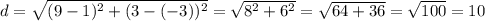 d=\sqrt{(9-1)^2+(3-(-3))^2}=\sqrt{8^2+6^2}=\sqrt{64+36}=\sqrt{100}=10