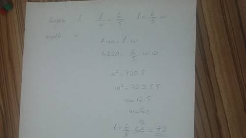 The area of a rectangle is 4,320 ft². the ratio of the length to the width is 6: 5. find the length