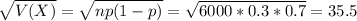 \sqrt{V(X)} = \sqrt{np(1-p)} = \sqrt{6000*0.3*0.7} = 35.5