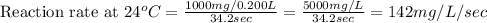 \text{Reaction rate at }24^oC=\frac{1000mg/0.200L}{34.2sec}=\frac{5000mg/L}{34.2sec}=142mg/L/sec