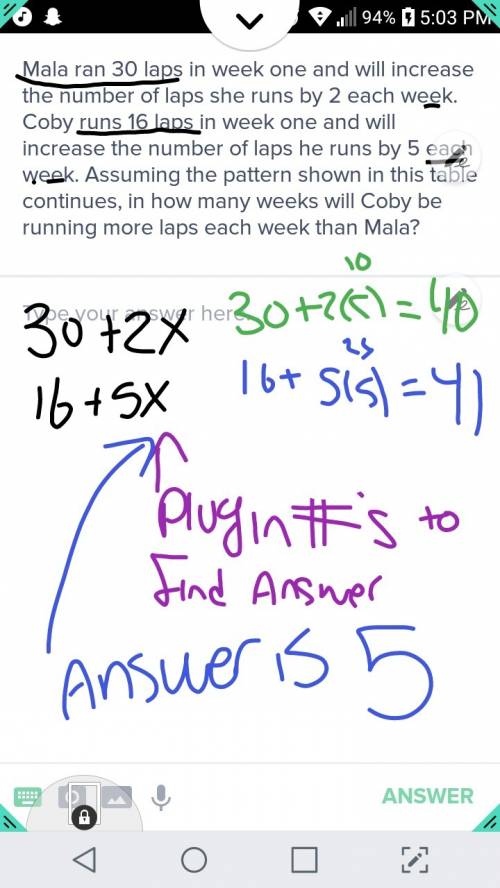 Mala ran 30 laps in week one and will increase the number of laps she runs by 2 each week. coby runs