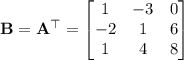 \mathbf B=\mathbf A^\top=\begin{bmatrix}1&-3&0\\-2&1&6\\1&4&8\end{bmatrix}