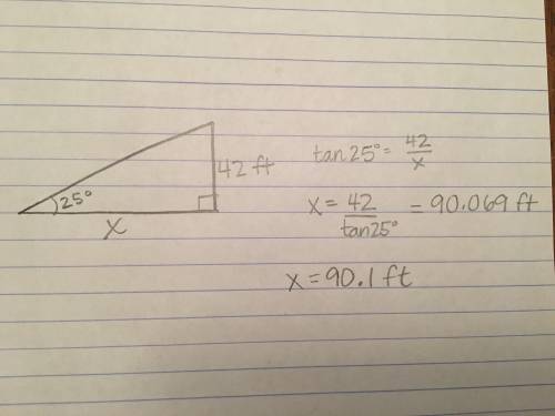 The escalator rises 25 degrees from the ground and a vertical distance of 42 ft. how much horizontal