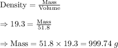 \text{Density}=\frac{\text{Mass}}{\text{Volume}}\\\\\Rightarrow19.3=\frac{\text{Mass}}{51.8}\\\\\Rightarrow\text{Mass}=51.8\times19.3=999.74\ g