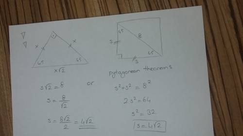 What is the length of side s of the square shown below?  a.4 b.4, square root of 2 c.2 d.8, square r