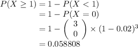 P(X\ge 1) = 1 - P(X< 1) \\\phantom{P(X\ge 1)}= 1 - P(X = 0) \\\phantom{P(X\ge 1)}= 1 -\left(\begin{array}{c}3\\0\end{array}\right ) \times (1-0.02)^{3} \\\phantom{P(X\ge 1)}= 0.058808