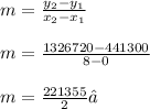 m=\frac{y_2-y_1}{x_2-x_1}\\\\m=\frac{1326720-441300}{8-0}\\\\m=\frac{221355}{2}