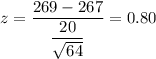 z=\dfrac{269-267}{\dfrac{20}{\sqrt{64}}}=0.80