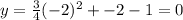 y=\frac{3}{4}(-2)^2+-2-1=0