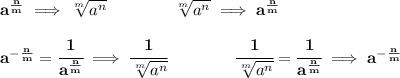 \bf a^{\frac{{ n}}{{ m}}} \implies  \sqrt[{ m}]{a^{ n}} \qquad \qquad&#10;\sqrt[{ m}]{a^{ n}}\implies a^{\frac{{ n}}{{ m}}}&#10;\\\quad \\% rational negative exponent&#10;a^{-\frac{{ n}}{{ m}}} =&#10; \cfrac{1}{a^{\frac{{ n}}{{ m}}}} \implies \cfrac{1}{\sqrt[{ m}]{a^{ n}}}\qquad\qquad %  radical denominator&#10;\cfrac{1}{\sqrt[{ m}]{a^{ n}}}= \cfrac{1}{a^{\frac{{ n}}{{ m}}}}\implies a^{-\frac{{ n}}{{ m}}} \\\\&#10;