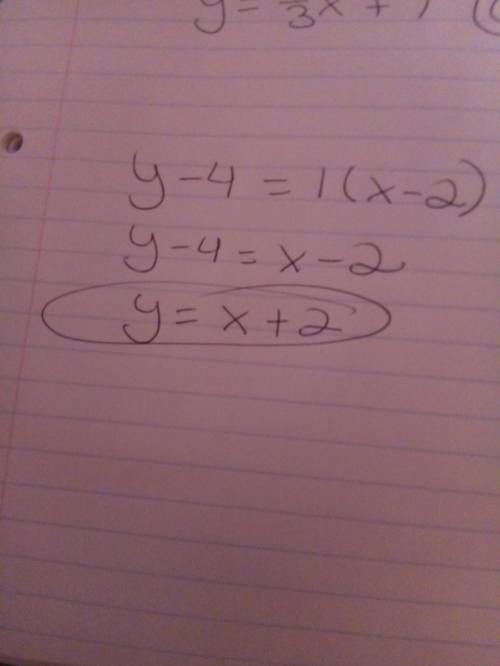 Write the equations of the line passing through the point (2, 4) and parallel to the line whose equa