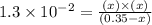 1.3\times 10^{-2}=\frac{(x)\times (x)}{(0.35-x)}