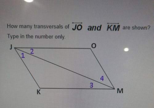 How many transversals of line jo and line km are shown? type in the number only.i got 1