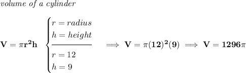 \bf \textit{volume of a cylinder}\\\\ V=\pi r^2 h~~ \begin{cases} r=radius\\ h=height\\[-0.5em] \hrulefill\\ r=12\\ h=9 \end{cases}\implies V=\pi (12)^2(9)\implies V=1296\pi