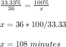 \frac{33.33\%}{36} =\frac{100\%}{x}\\ \\x=36*100/33.33\\ \\x=108\ minutes