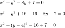 x^{2}+y^{2}-8y+7=0\\ \\x^2+y^2+16-16-8y+7=0\\\\x^{2}+(y-4)^2-16+7=0