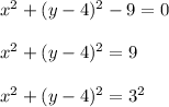 x^{2}+(y-4)^2-9=0\\ \\x^{2} +(y-4)^2=9\\\\x^{2} +(y-4)^2=3^2