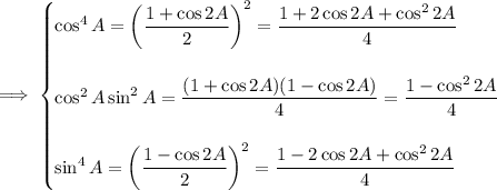 \implies\begin{cases}\cos^4A=\left(\dfrac{1+\cos2A}2\right)^2=\dfrac{1+2\cos2A+\cos^22A}4\\\\\cos^2A\sin^2A=\dfrac{(1+\cos2A)(1-\cos2A)}4=\dfrac{1-\cos^22A}4\\\\\sin^4A=\left(\dfrac{1-\cos2A}2\right)^2=\dfrac{1-2\cos2A+\cos^22A}4\end{cases}