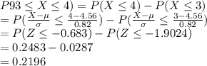 P 93\leq X\leq 4)=P(X\leq 4) - P(X\leq 3)\\=P(\frac{X-\mu}{\sigma}\leq  \frac{4-4.56}{0.82})-P(\frac{X-\mu}{\sigma}\leq  \frac{3-4.56}{0.82}) \\=P(Z\leq -0.683)-P(Z\leq -1.9024)\\=0.2483-0.0287\\=0.2196