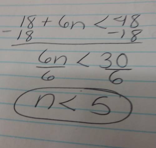 What is the answer to this problem 6(3+n)<48