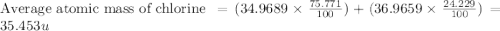 \text{Average atomic mass of chlorine }=(34.9689\times \frac{75.771}{100})+(36.9659\times \frac{24.229}{100})=35.453u