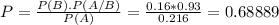 P = \frac{P(B).P(A/B)}{P(A)} = \frac{0.16*0.93}{0.216} = 0.68889
