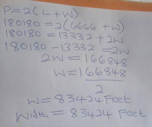 He perimeter of a rectangle must be less than 180180 feet. If the length is known to be 6666 feet, f