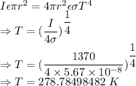 I\epsilon\pi r^2=4\pi r^2\epsilon\sigma T^4\\\Rightarrow T=(\dfrac{I}{4\sigma})^{\dfrac{1}{4}}\\\Rightarrow T=(\dfrac{1370}{4\times 5.67\times 10^{-8}})^{\dfrac{1}{4}}\\\Rightarrow T=278.78498482\ K