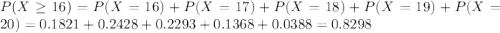 P(X \geq 16) = P(X = 16) + P(X = 17) + P(X = 18) + P(X = 19) + P(X = 20) = 0.1821 + 0.2428 + 0.2293 + 0.1368 + 0.0388 = 0.8298
