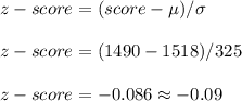 z-score=(score-\mu)/\sigma\\ \\ z-score=(1490-1518)/325\\ \\ z-score=-0.086\approx -0.09