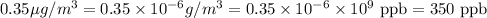 0.35\mu g/m^3=0.35\times 10^{-6}g/m^3=0.35\times 10^{-6}\times 10^9\text{ ppb}=350\text{ ppb}