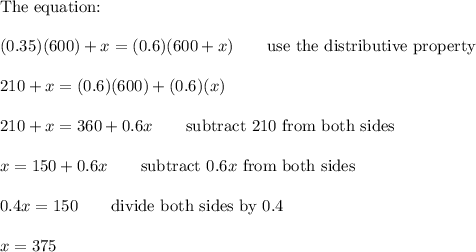 \text{The equation:}\\\\(0.35)(600)+x=(0.6)(600+x)\qquad\text{use the distributive property}\\\\210+x=(0.6)(600)+(0.6)(x)\\\\210+x=360+0.6x\qquad\text{subtract 210 from both sides}\\\\x=150+0.6x\qquad\text{subtract}\ 0.6x\ \text{from both sides}\\\\0.4x=150\qquad\text{divide both sides by 0.4}\\\\x=375
