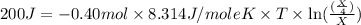 200J=-0.40mol\times 8.314J/moleK\times T\times \ln (\frac{(\frac{X}{4})}{X})
