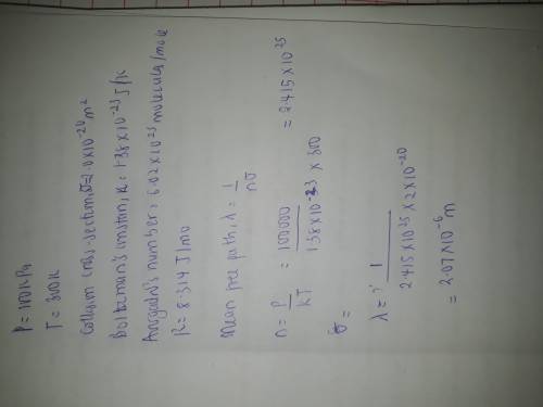 What is the mean free path for the molecules in an ideal gas when the pressure is 100 kPa and the te