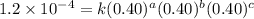 1.2\times 10^{-4}=k(0.40)^a(0.40)^b(0.40)^c