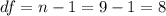 df = n-1 = 9-1=8