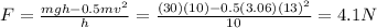 F=\frac{mgh-0.5mv^2}{h}=\frac{(30)(10)-0.5(3.06)(13)^2}{10}=4.1 N