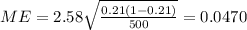 ME=2.58\sqrt{\frac{0.21(1-0.21)}{500}}=0.0470