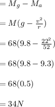 =M_g-M_a\\\\= M(g-\frac{v^2}{r})\\\\= 68(9.8-\frac{22^2}{52})\\\\=68 (9.8 -9.3)\\\\= 68(0.5)\\\\=34 N