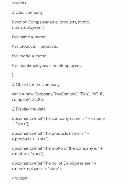 Create a document that includes a constructor function named Company in the document head area. Incl