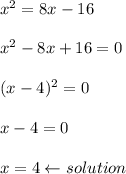 x^2=8x-16\\\\x^2-8x+16=0\\\\(x-4)^2=0\\\\x-4=0\\\\x=4\leftarrow solution
