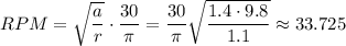 RPM=\sqrt{\dfrac{a}{r}}\cdot\dfrac{30}{\pi}=\dfrac{30}{\pi}\sqrt{\dfrac{1.4\cdot 9.8}{1.1}}\approx 33.725