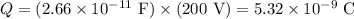 Q = (2.66 \times 10^{-11}\text{ F})\times(200\text{ V}) = 5.32\times 10^{-9}\text{ C}