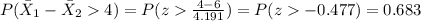 P( \bar X_1 - \bar X_2 4)= P(z \frac{4-6}{4.191}) =P(z-0.477) = 0.683