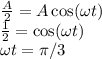 \frac{A}{2} = A\cos(\omega t)\\\frac{1}{2} = \cos(\omega t)\\\omega t = \pi / 3